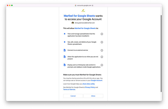 Provide access to Marfeel for Google Sheets